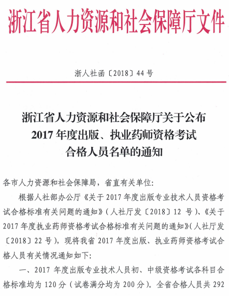 浙江省2017年出版、執(zhí)業(yè)藥師資格考試合格人員名單公示