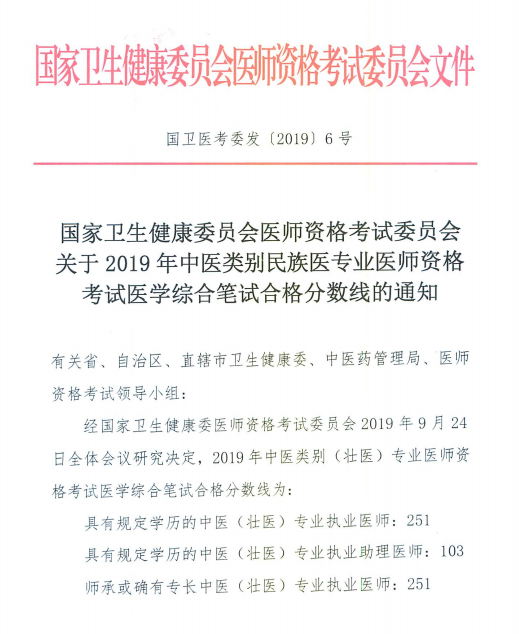 國(guó)家衛(wèi)健委關(guān)于2019年中醫(yī)民族醫(yī)專(zhuān)業(yè)醫(yī)師資格考試合格分?jǐn)?shù)線通知