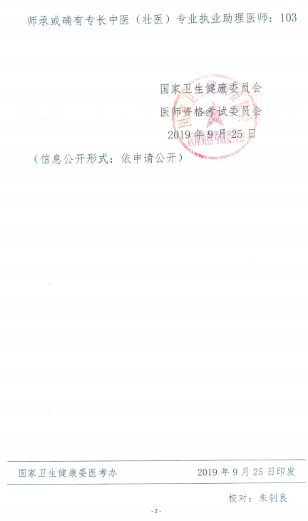 國(guó)家衛(wèi)健委關(guān)于2019年中醫(yī)民族醫(yī)專(zhuān)業(yè)醫(yī)師資格考試合格分?jǐn)?shù)線通知