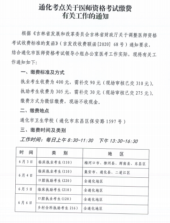 通化醫(yī)師資格考試?yán)U費通知1