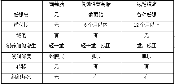 絨癌、侵蝕性葡萄胎、葡萄胎的鑒別