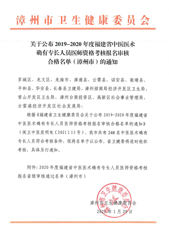 2020年度福建省中醫(yī)醫(yī)術(shù)確有專長人員醫(yī)師資格考核報名省級審核通過名單（漳州市）