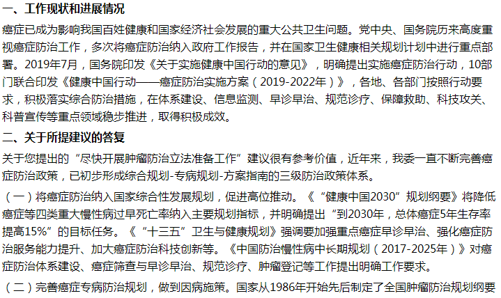 國(guó)家衛(wèi)健委關(guān)于盡快制定腫瘤防治法的建議答復(fù)！