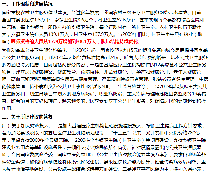 國家關(guān)于加強(qiáng)鄉(xiāng)村公共衛(wèi)生服務(wù)體系建設(shè)的建議答復(fù)！